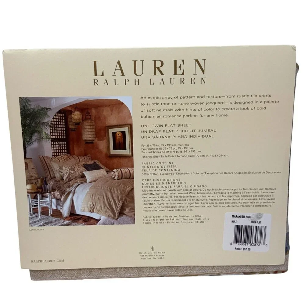 LAUREN Ralph Lauren Twin Flat Sheet Beige Marakesh Paisley 100% Cotton NEW